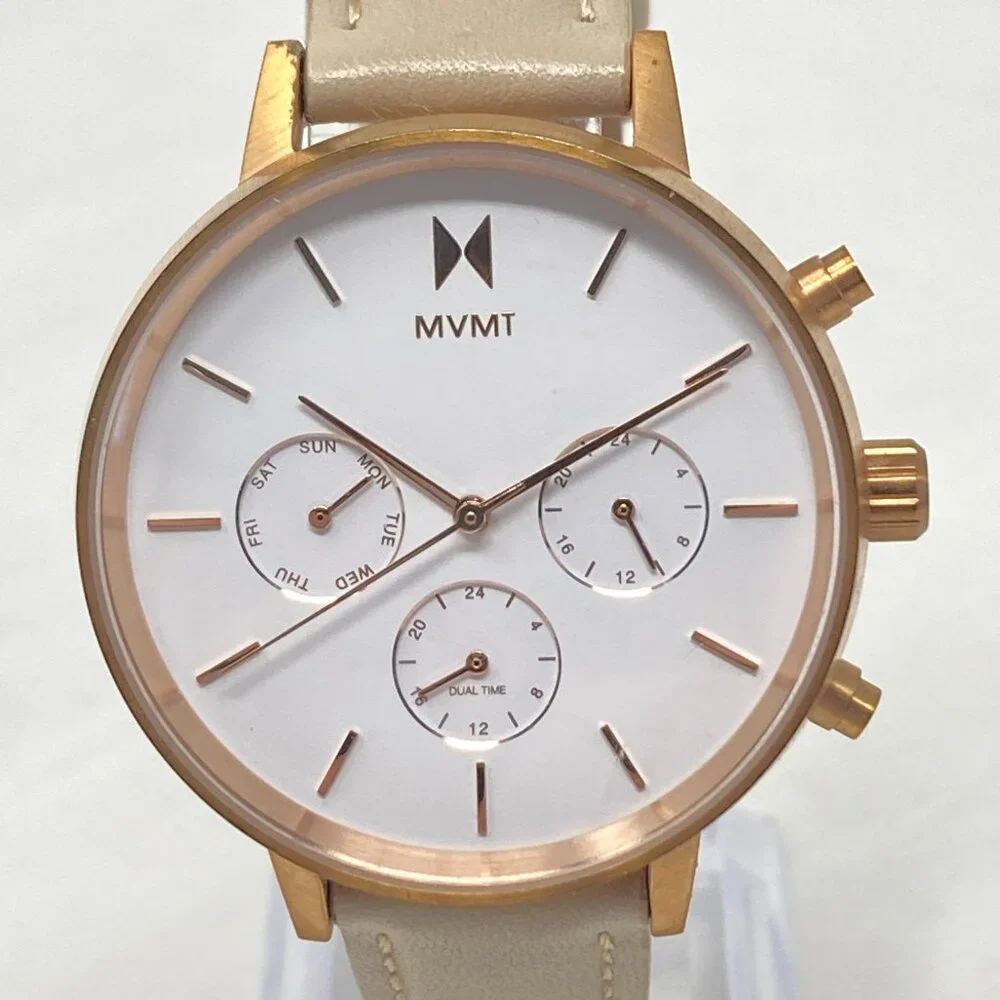 MVMT Nova Luna Women Watch 37mm Rose Gold Tone Dual Time Day Leather New Battery